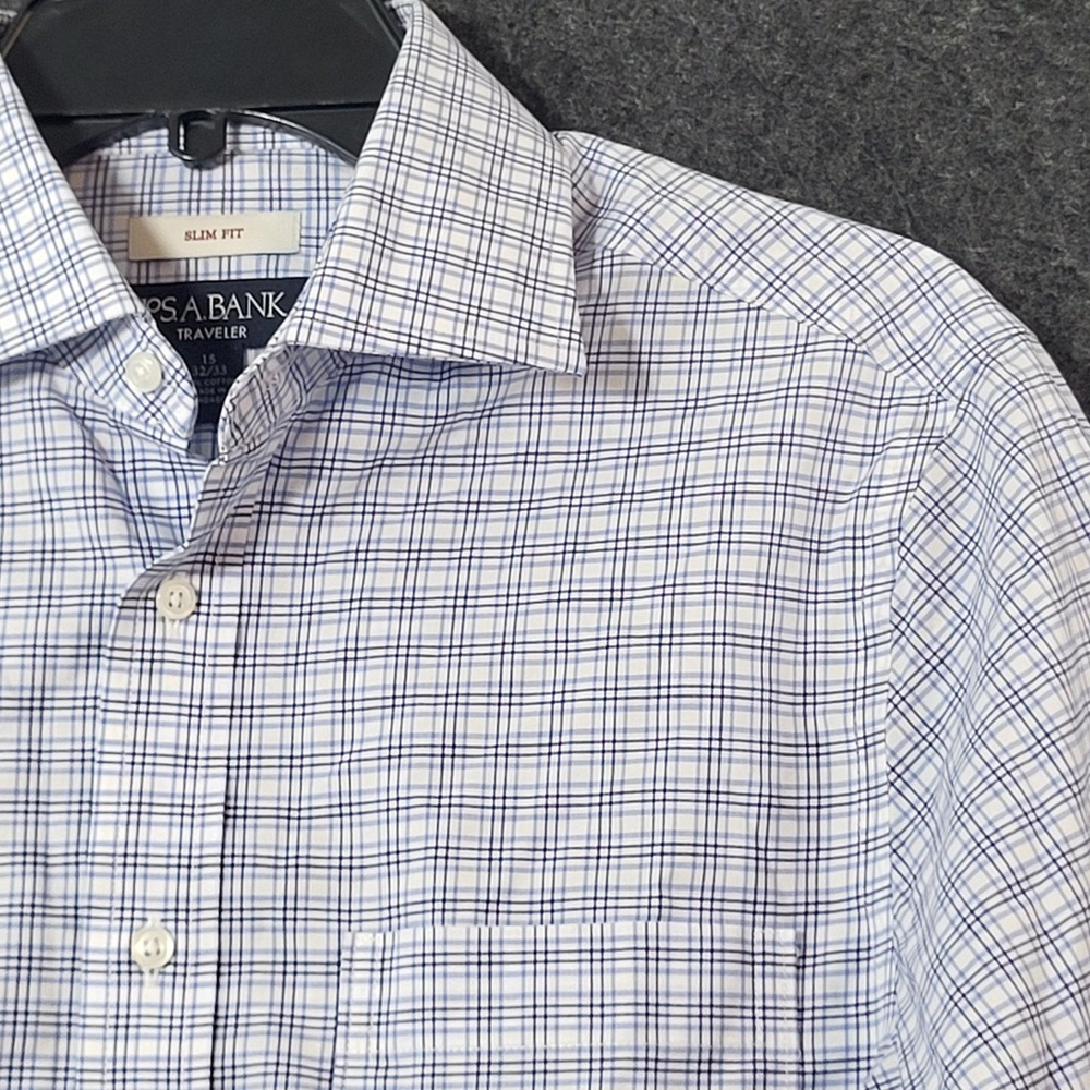 Jos. A. Bank Traveler Slim Fit Dress Shirt 15 32/33 Blue Tattersall Check New